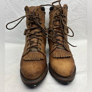 Double H Brown Leather Lace-Up Work Boots with Kiltie, women’s size 9 M